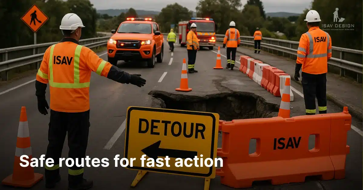ISAV workers redirect traffic around road sinkhole using detour signage.
