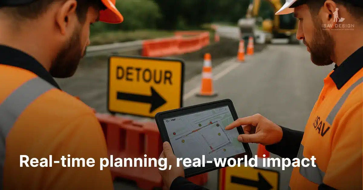 Two ISAV workers using tablet for live traffic management planning.