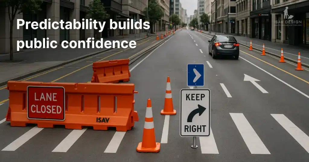 Lane closure with "Keep Right" signs and cones on empty urban road.