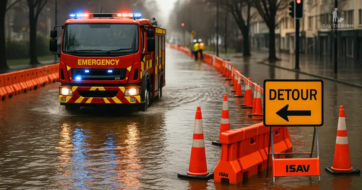 Emergency vehicle navigating flooded street with detour barriers and cones.