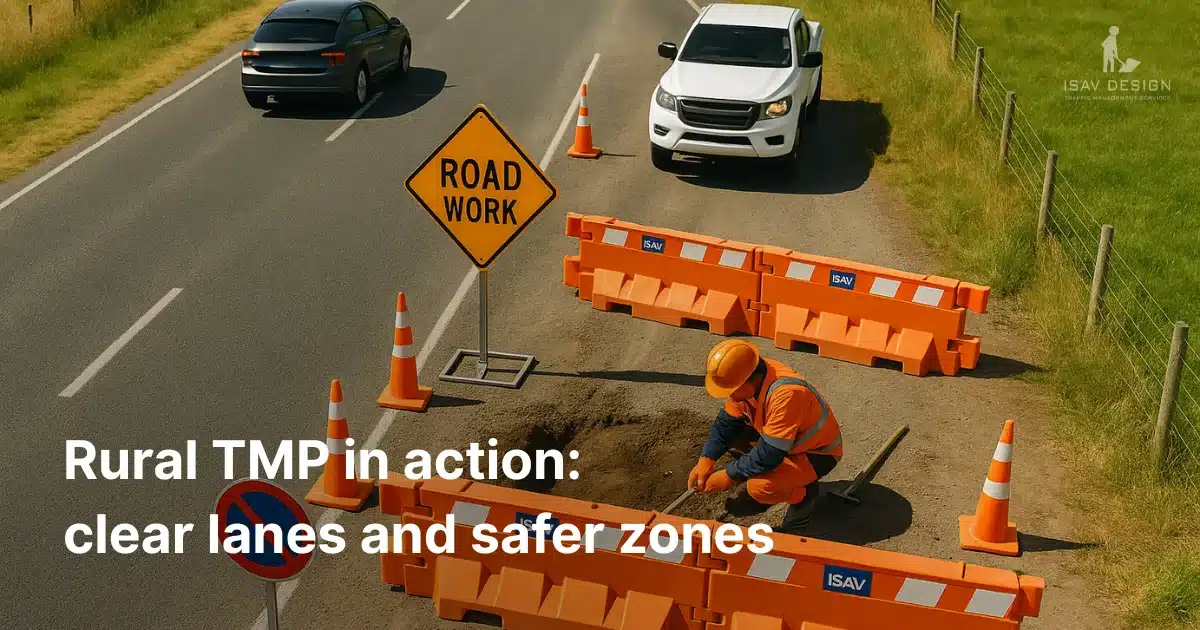 Road work site with cones and TMP barriers on a rural highway.