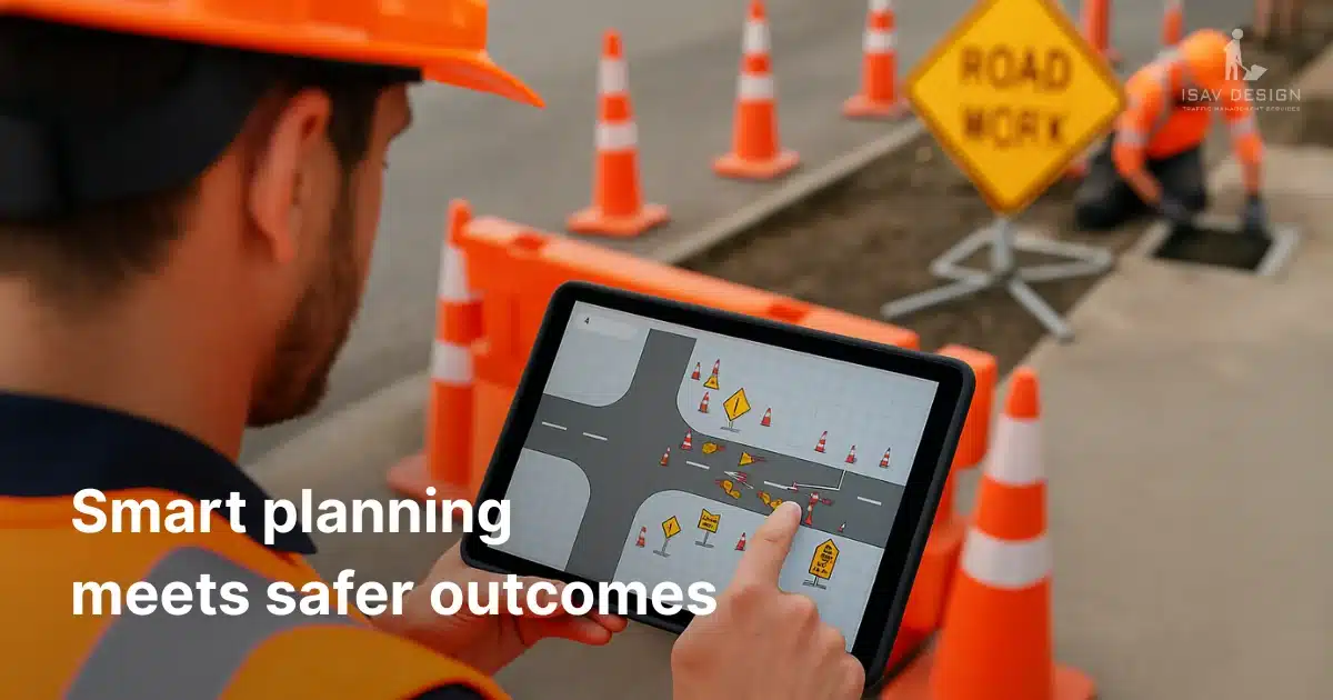 Engineer using tablet to plan road work layout with cones and signage.